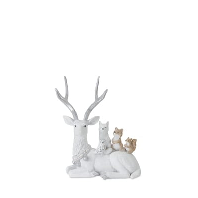 White resin deer figurine with silver antlers and small woodland animal friends