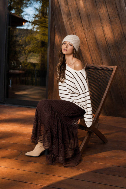 STRIPE TEXTURED RAW EDGE LONG SLEEVE KNIT SWEATER