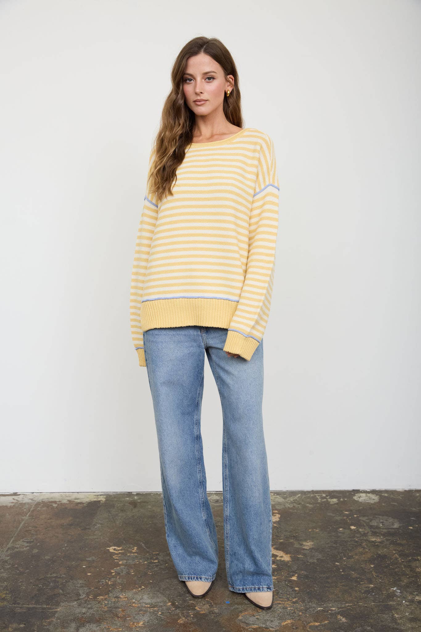 STRIPE CONTRAST STITCH RAW EDGE KNIT SWEATER