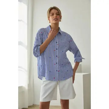 Star Embroidered Striped Button-Down Blouse