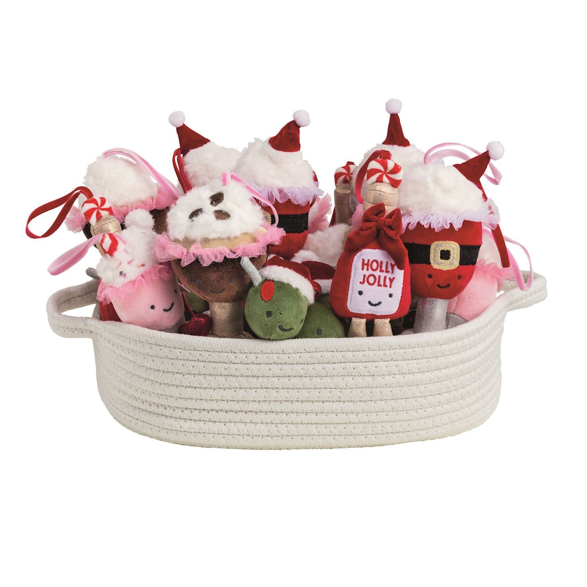 Holiday cocktail plush ornaments in woven basket, 5 festive styles with Santa hats