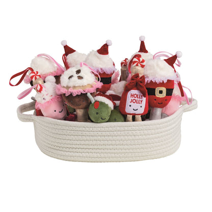 Holiday cocktail plush ornaments in woven basket, 5 festive styles with Santa hats