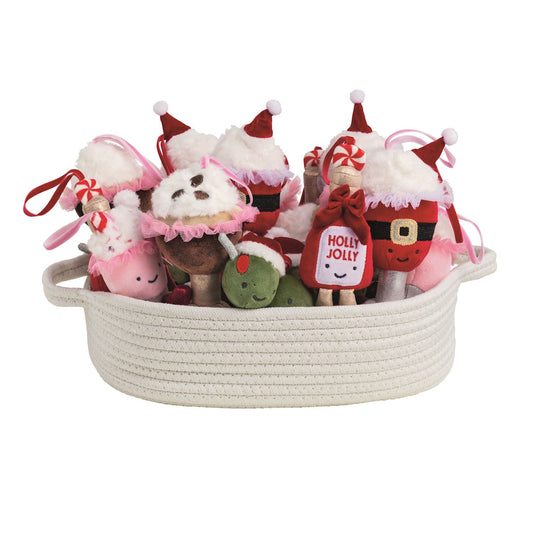 Holiday cocktail plush ornaments in woven basket, 5 festive styles with Santa hats