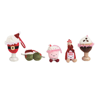 Set of 5 holiday cocktail plush ornaments featuring Santa, olives, pink drink, bottle, and sundae