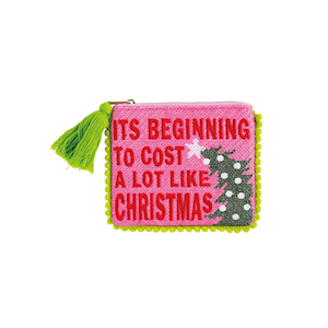 Pink beaded coin pouch with holiday text, green Christmas tree, pom-pom trim, and tassel zipper