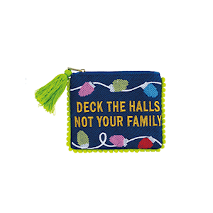 Navy blue zipper pouch with Christmas lights, pom trim, green tassel, and holiday text
