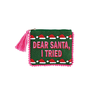 Green beaded holiday coin purse with Dear Santa I Tried text and pink tassel