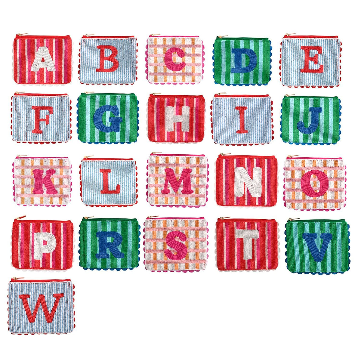 21 colorful beaded initial coin purses A through W with striped and checkered patterns