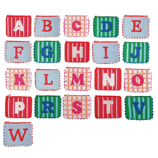 21 colorful beaded initial coin purses A through W with striped and checkered patterns