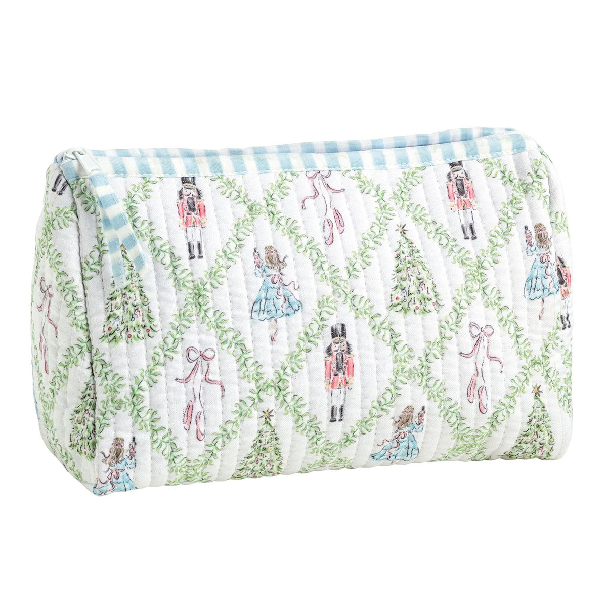 Quilted cotton cosmetic bag with nutcracker and Clara print, blue gingham zipper trim