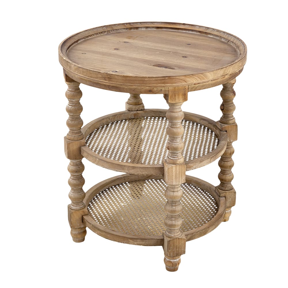 Three-tier round wooden side table with rattan shelves and turned spindle legs in natural brown