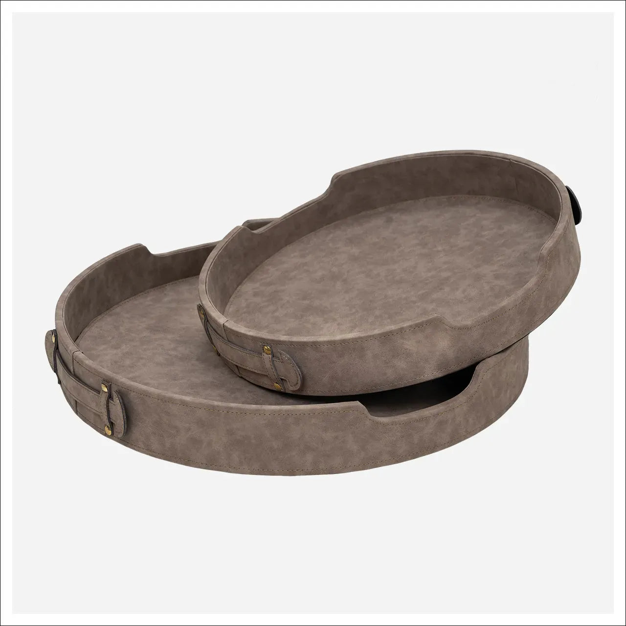 Set of two oval taupe leather-wrapped serving trays with brass buckle details