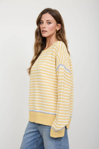 STRIPE CONTRAST STITCH RAW EDGE KNIT SWEATER