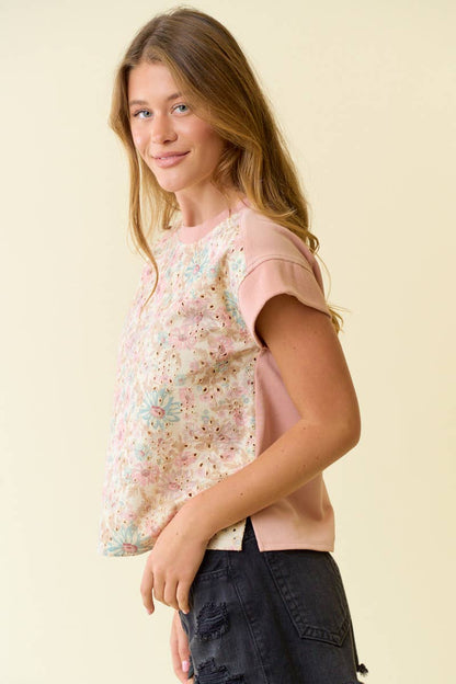 FLORAL EMBROIDERY PRINT & TERRY MIX MUSCLE TOP