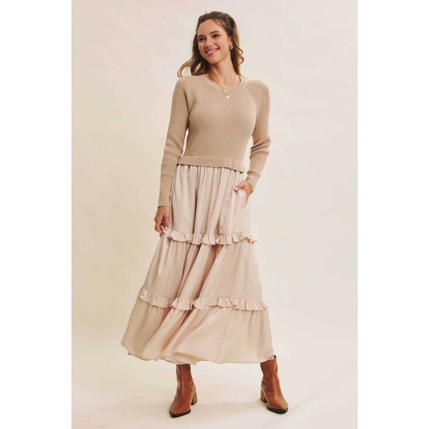COMFORTABLE SWEATER AND SATIN TWOFER MAXI DRESS