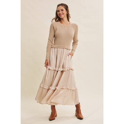 COMFORTABLE SWEATER AND SATIN TWOFER MAXI DRESS