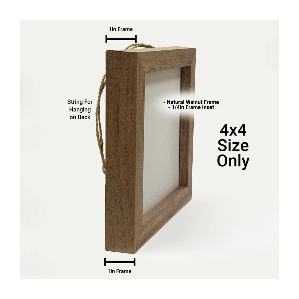 4x4 natural walnut wood picture frame with jute hanging string, 1-inch border