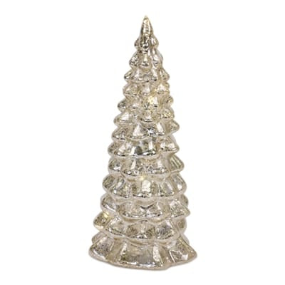 Melrose mercury glass Christmas tree figurine with tiered silver finish and LED light