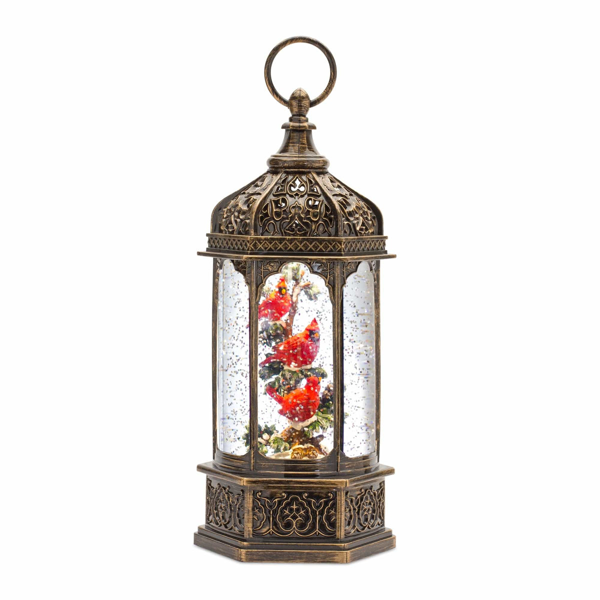 Hexagonal lantern-style snow globe with red cardinal birds on snowy branches, bronze finish