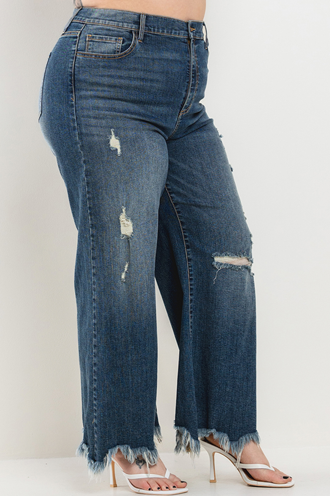 High Rise Distressed Cropped Wide Leg Jeans - Plus