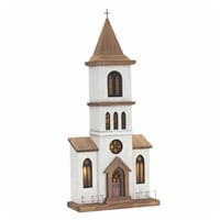 Melrose white and brown wood iron church figurine with steeple cross, 25.25H