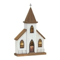 Melrose small white wooden church figurine with brown steeple and cross, 17.75"H
