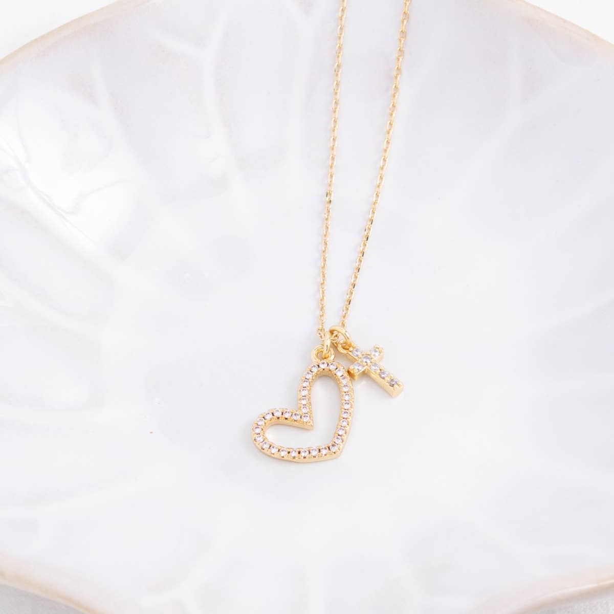 Pave Heart and Cross Pendant Necklace