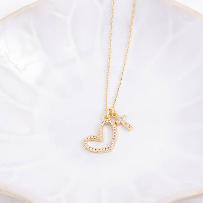 Pave Heart and Cross Pendant Necklace