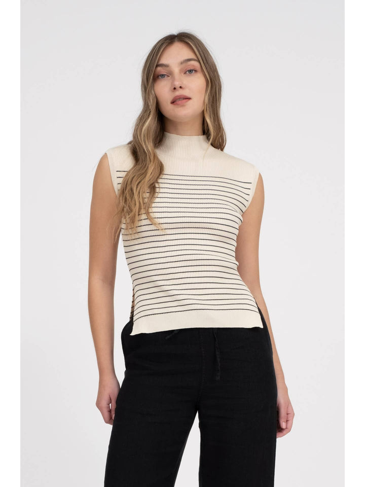 Stripe mock neck sleveless side slit sweater