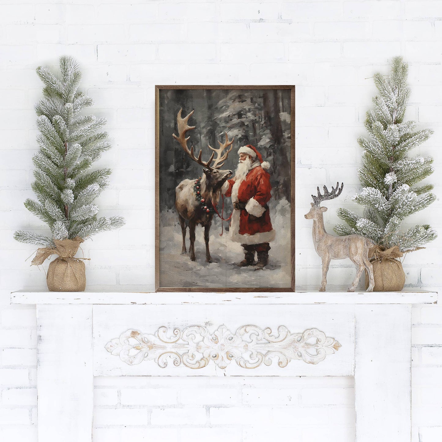 Santa And Reindeer Color Art Print
