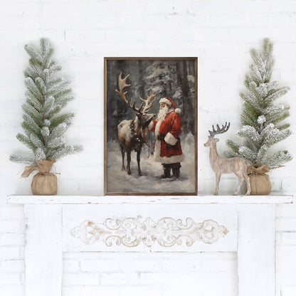 Santa And Reindeer Color Art Print