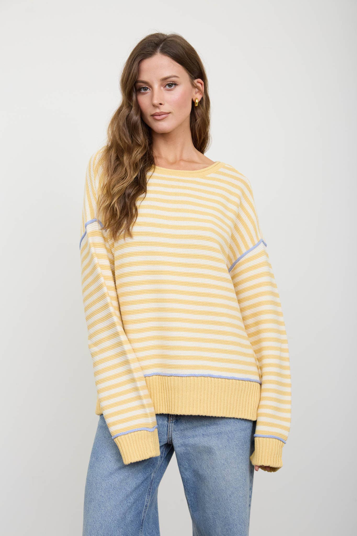 STRIPE CONTRAST STITCH RAW EDGE KNIT SWEATER