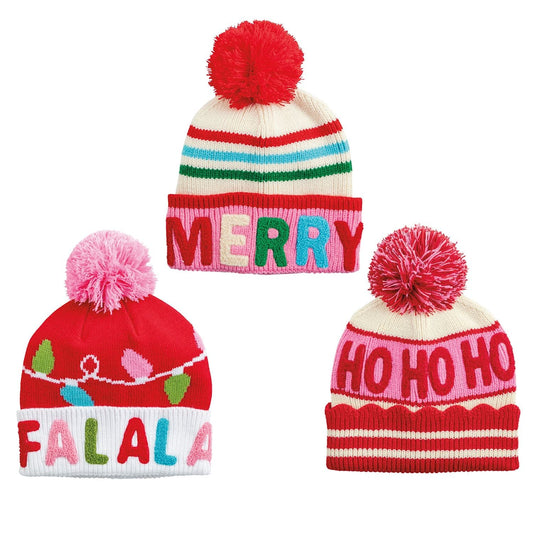 Mudpie holiday knit pom beanies in Merry, Ho Ho Ho, and Falala styles