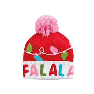 Red knit beanie with pink pom-pom, Christmas lights, and FALALA text