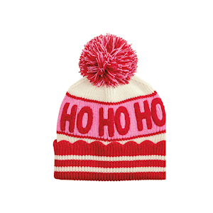 Cream and red knit beanie with HO HO HO text and pink pom-pom
