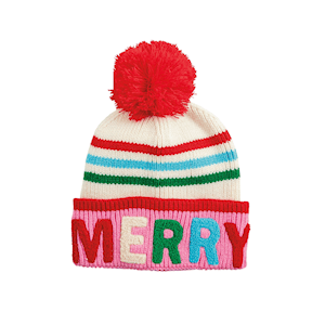 Cream striped knit beanie with red pom-pom and colorful MERRY chenille letters