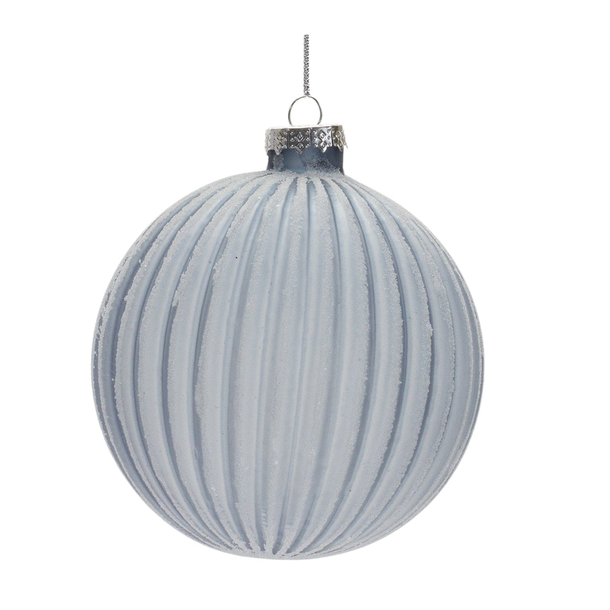 Frosted light blue ribbed glass ball ornament with silver cap and hanging loop
