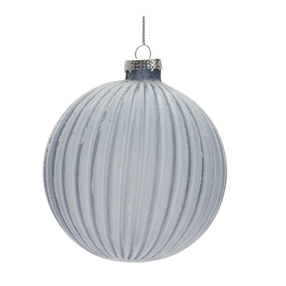 Frosted light blue ribbed glass ball ornament with silver cap and hanging loop