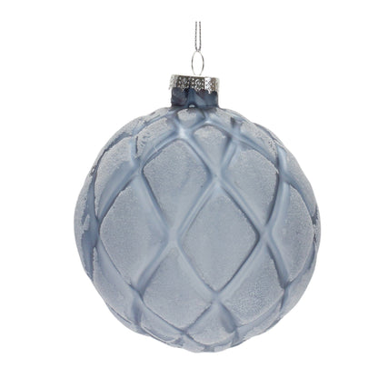 Frosted glass ball ornament with quilted diamond texture pattern and silver cap, hanging view