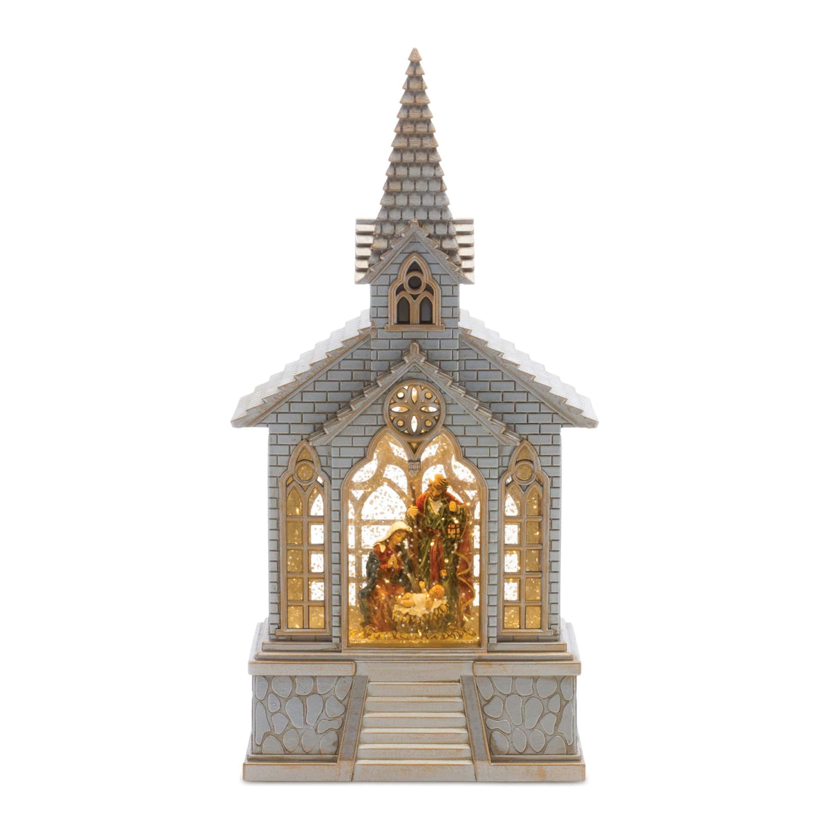 Illuminated church snow globe with Holy Family nativity scene inside, steeple top, front view