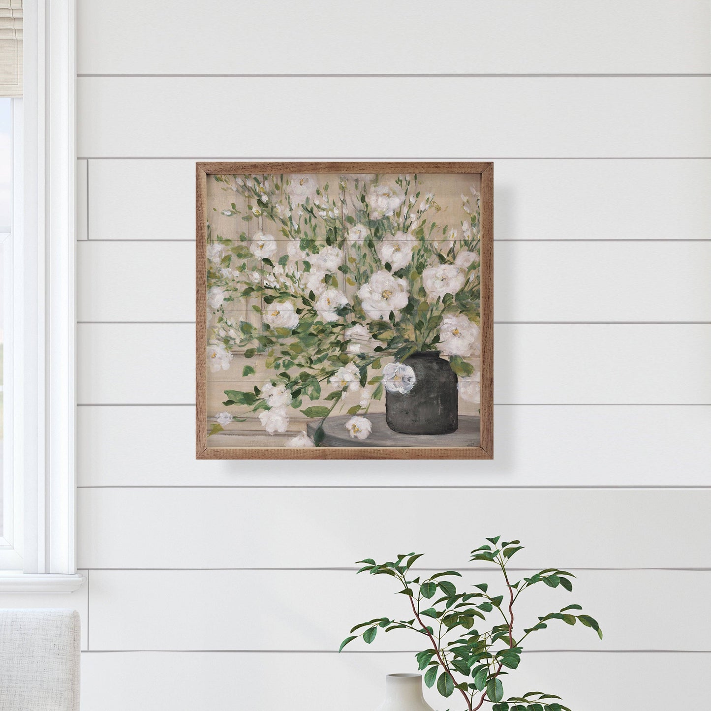White Bouquet Gray Vase By Julia Purinton Wooden Art Print