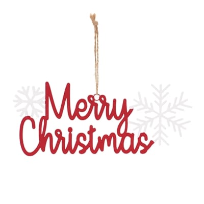 Red metal Merry Christmas script ornament with white snowflakes and twine hanger