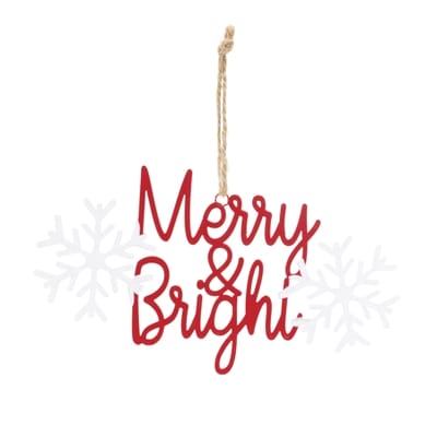 Red metal Merry & Bright script ornament with jute twine hanger and snowflake accents
