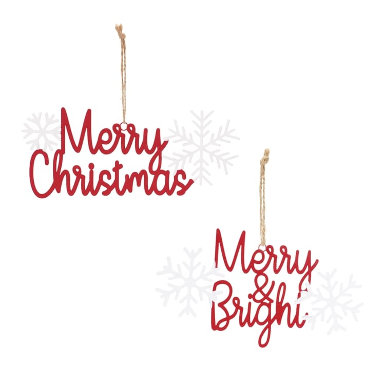 Two red metal script ornaments reading Merry Christmas and Merry & Bright with jute twine hangers