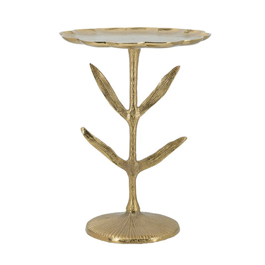 Gold Aluminum Side Table with Leaf Accents
