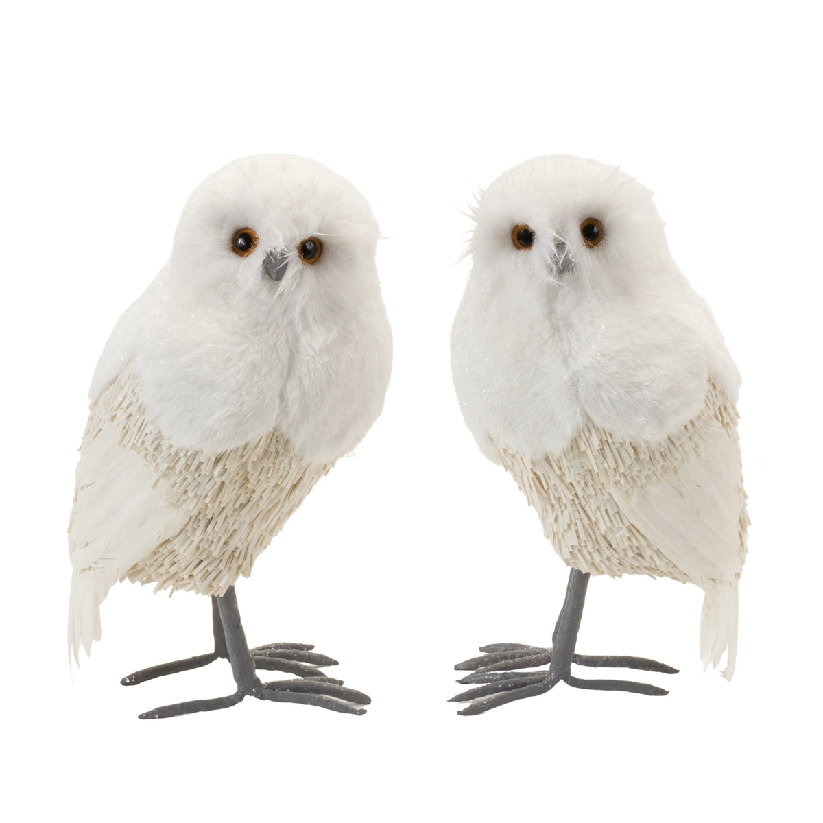 Pair of decorative white owl figurines with faux fur, straw texture, and metal legs