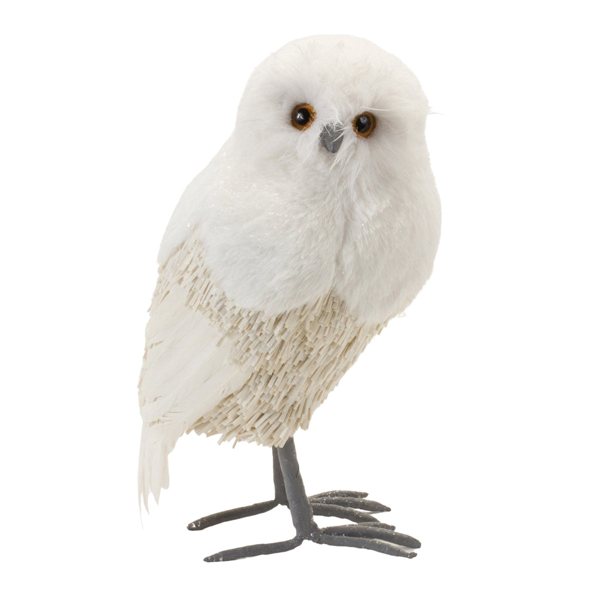 White decorative owl figurine with fluffy fur head, layered body texture, and metal feet, front angle