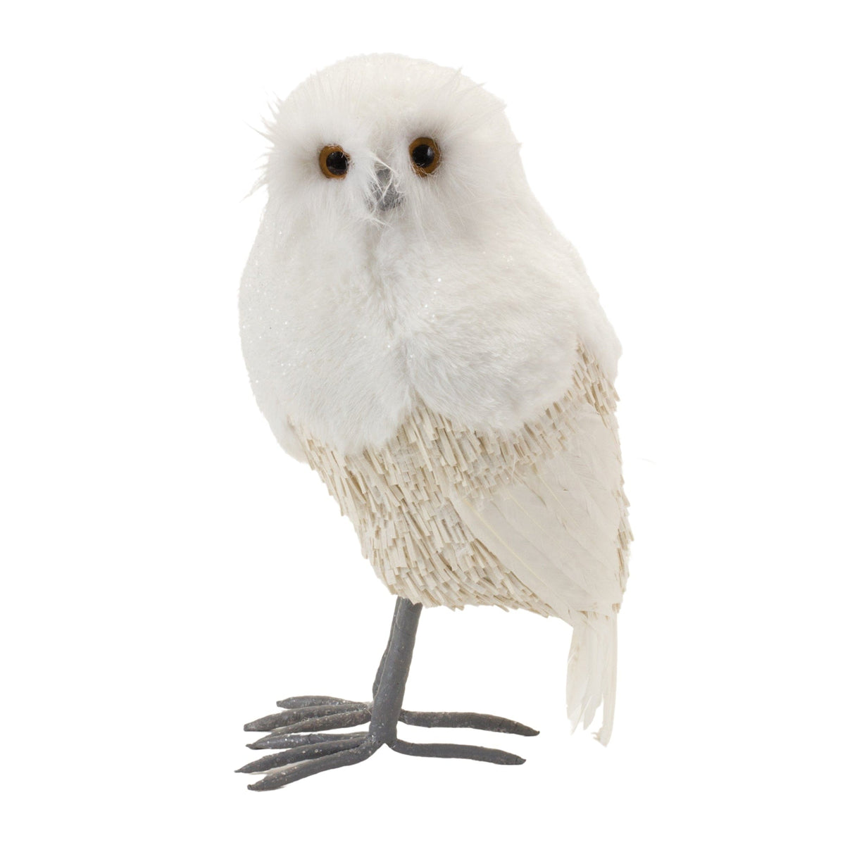 Decorative white owl figurine with fluffy fur body, layered feather wings, and metal legs, side-front view