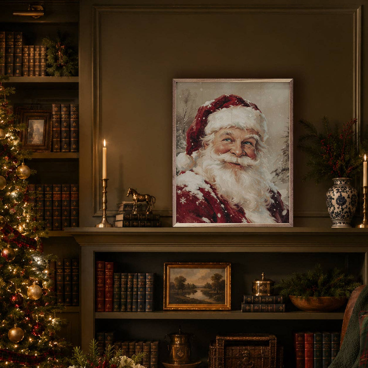 Framed vintage Santa Claus painting displayed on bookshelf beside Christmas tree and candles