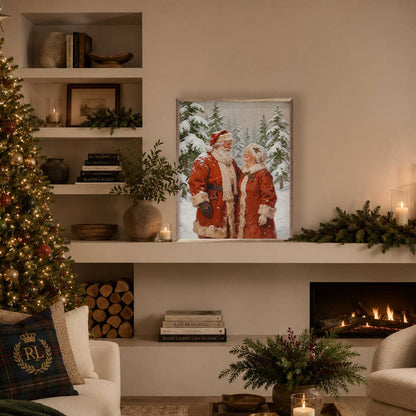 Framed Santa and Mrs. Claus art print displayed on shelf in cozy Christmas living room